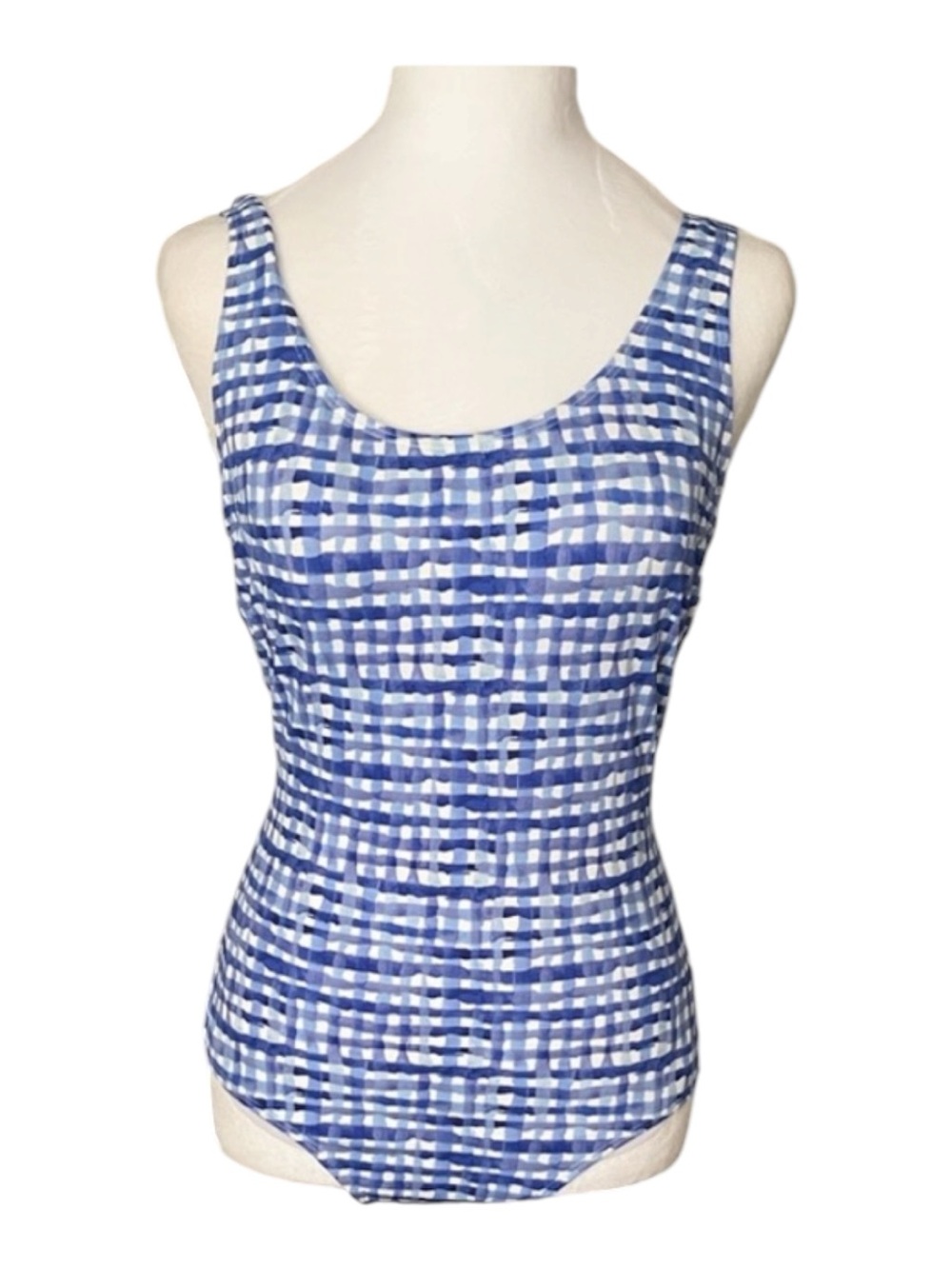 L.L. Bean Blue Checked Scoop-Neck One-Piece Swimsuit